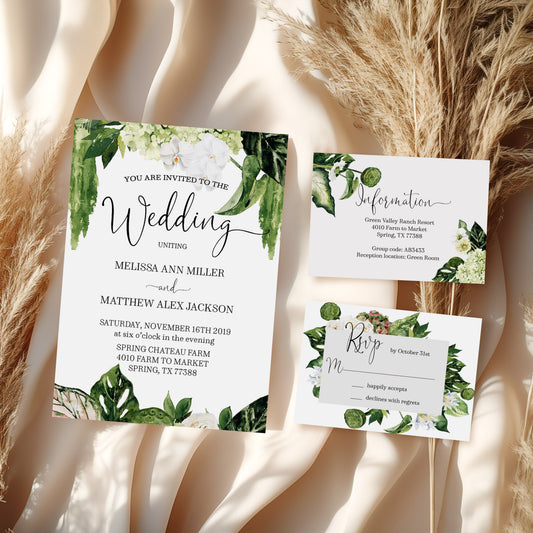 Elegant Watercolor Greenery Savannah Wedding Invitation