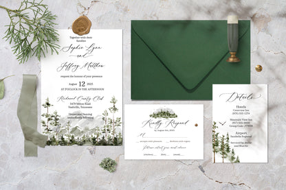 Watercolor Woodland Mountain Wedding Invitation