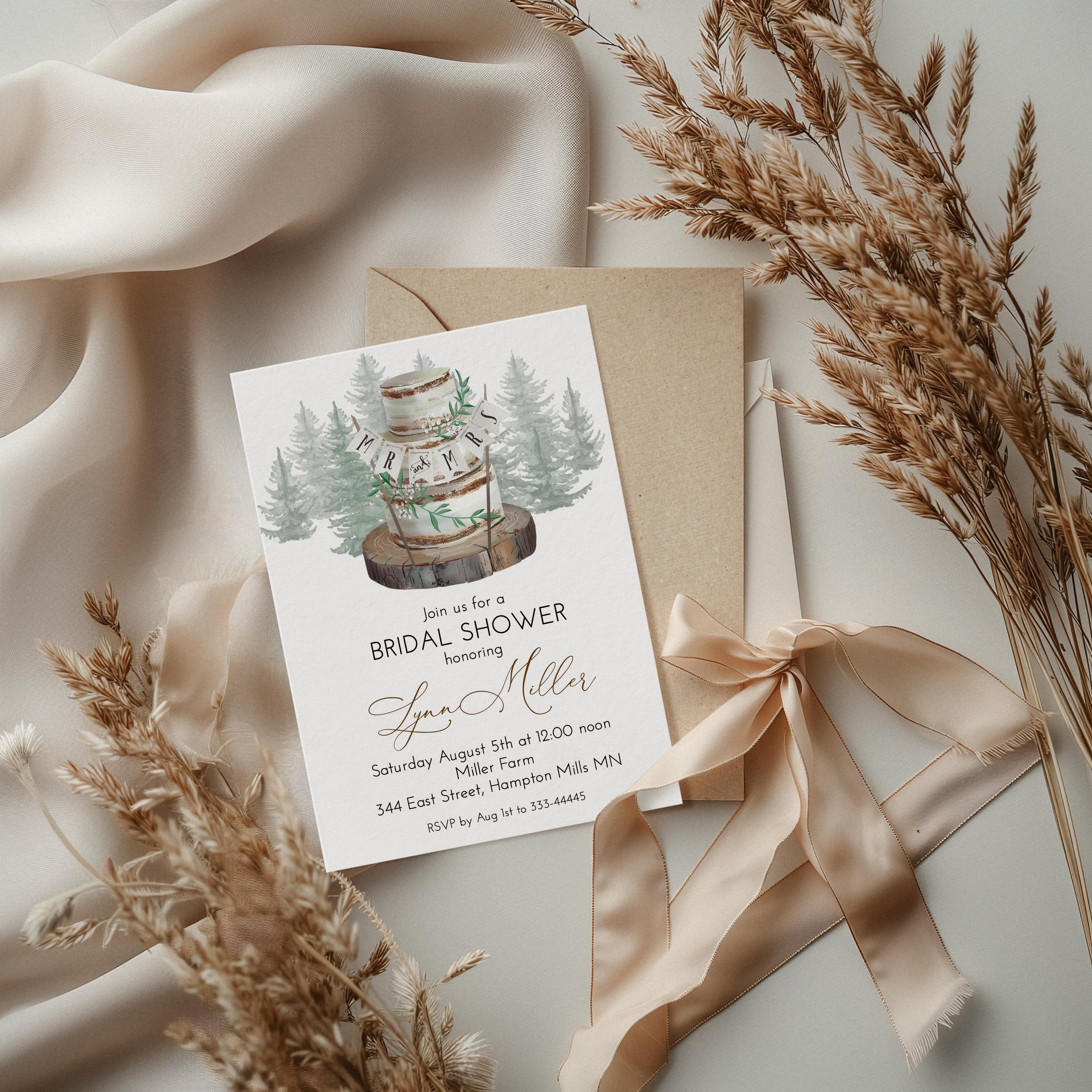 Rustic Woodland Cake Bridal Shower Invitation Template Editable Invitation Corjl Digital Download