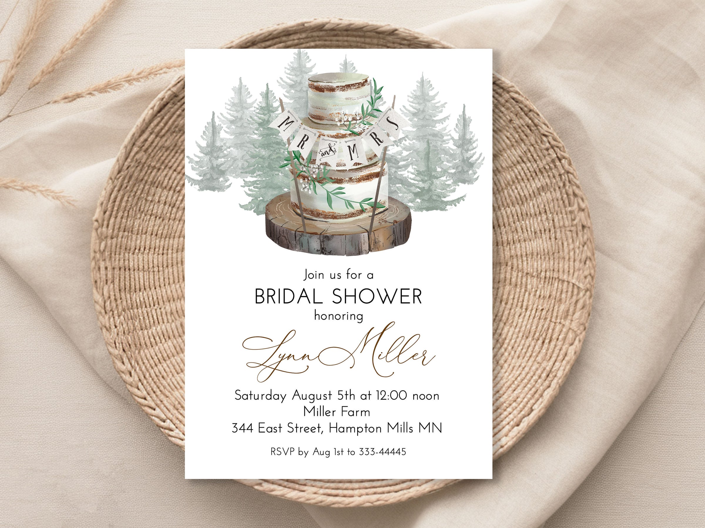 Rustic Woodland Cake Bridal Shower Invitation Template Editable Invitation Corjl Digital Download