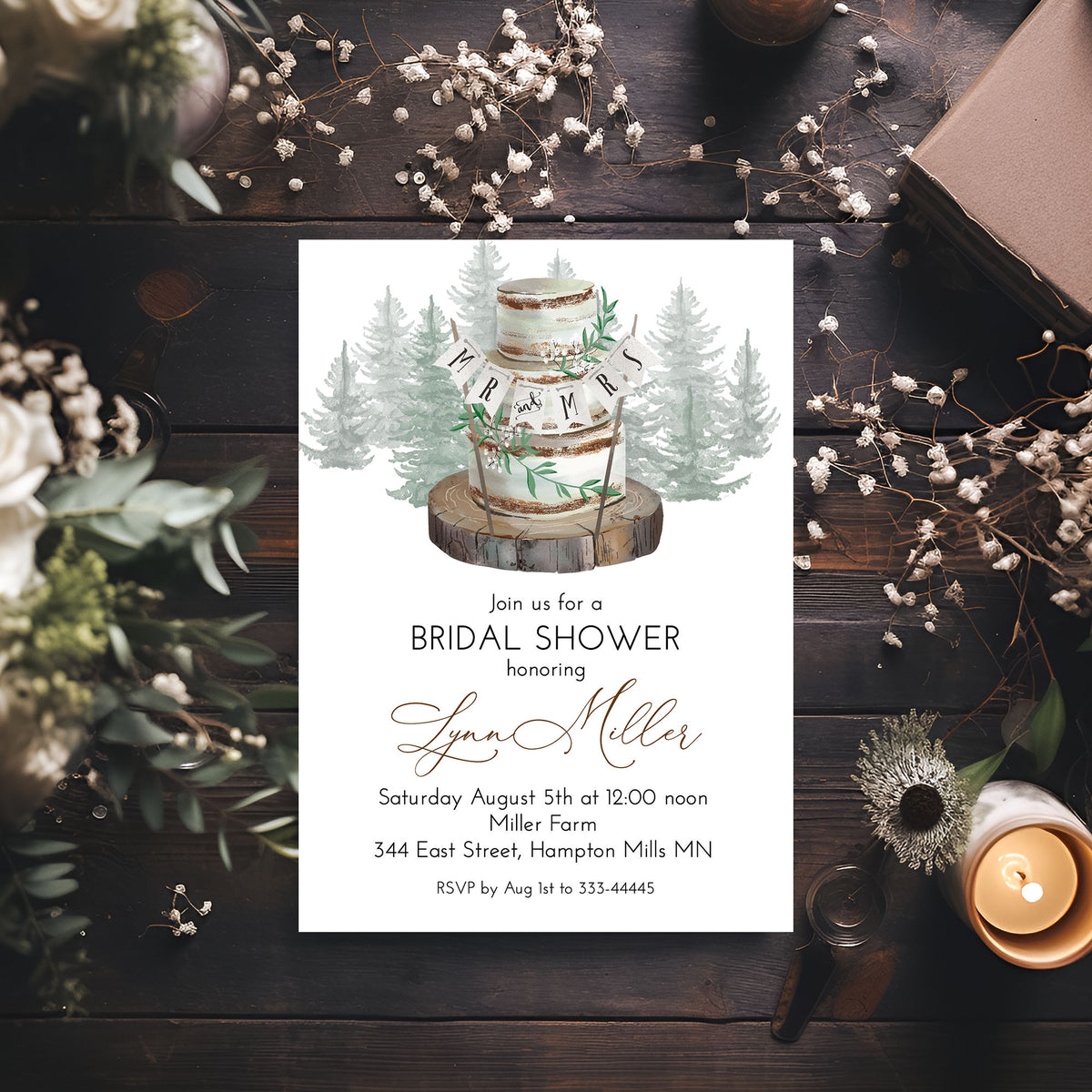 Rustic Woodland Cake Bridal Shower Invitation Template Editable Invitation Corjl Digital Download