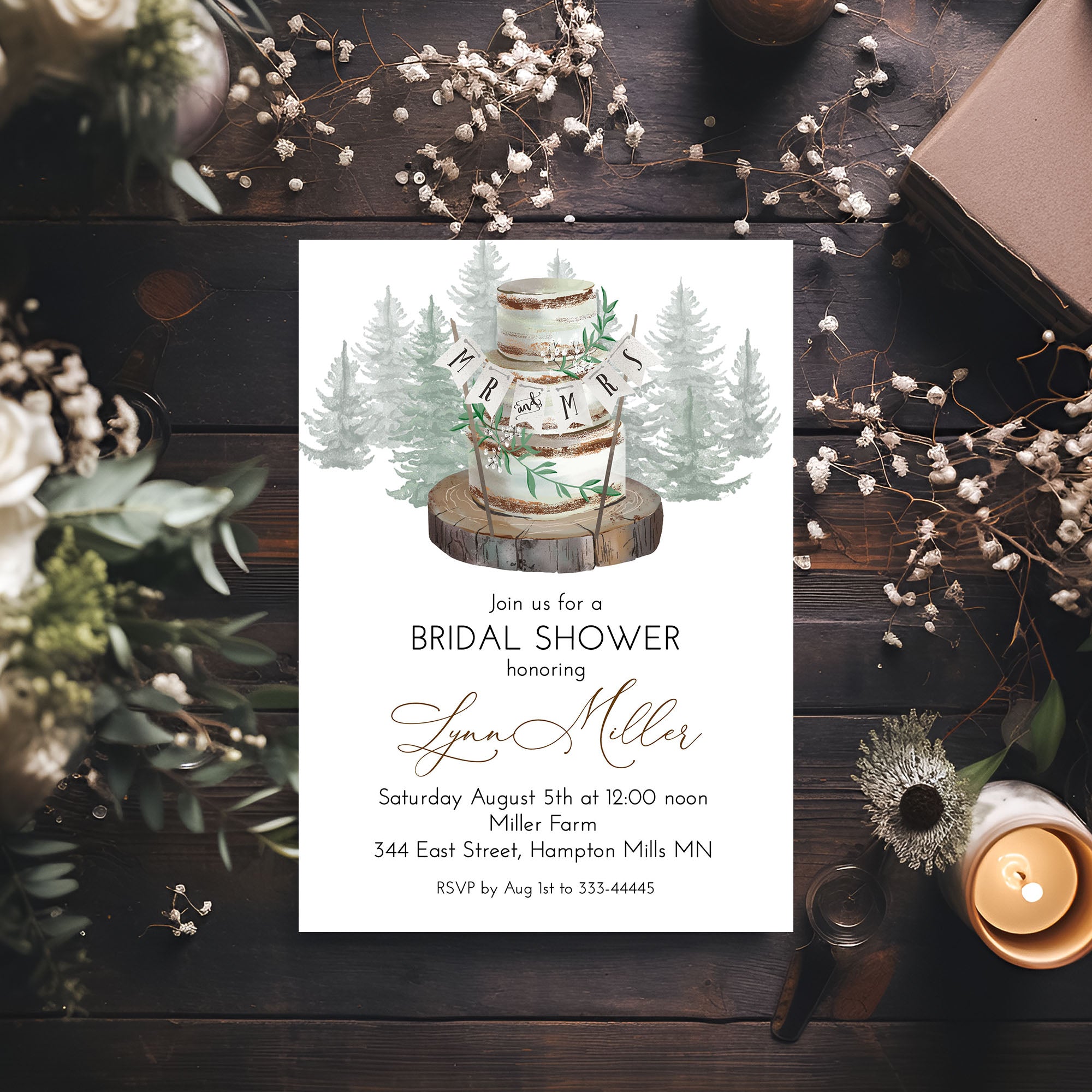 Rustic Woodland Cake Bridal Shower Invitation Template Editable Invitation Corjl Digital Download
