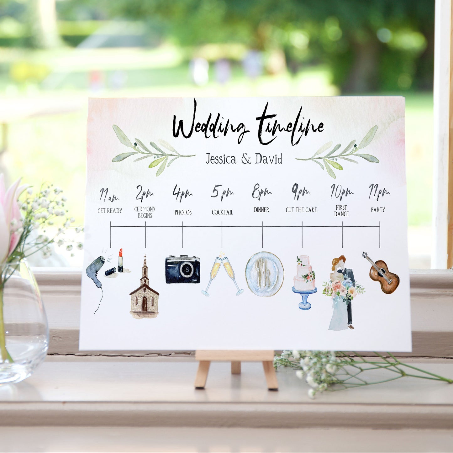 Wedding Watercolor Time Line Custom Sign