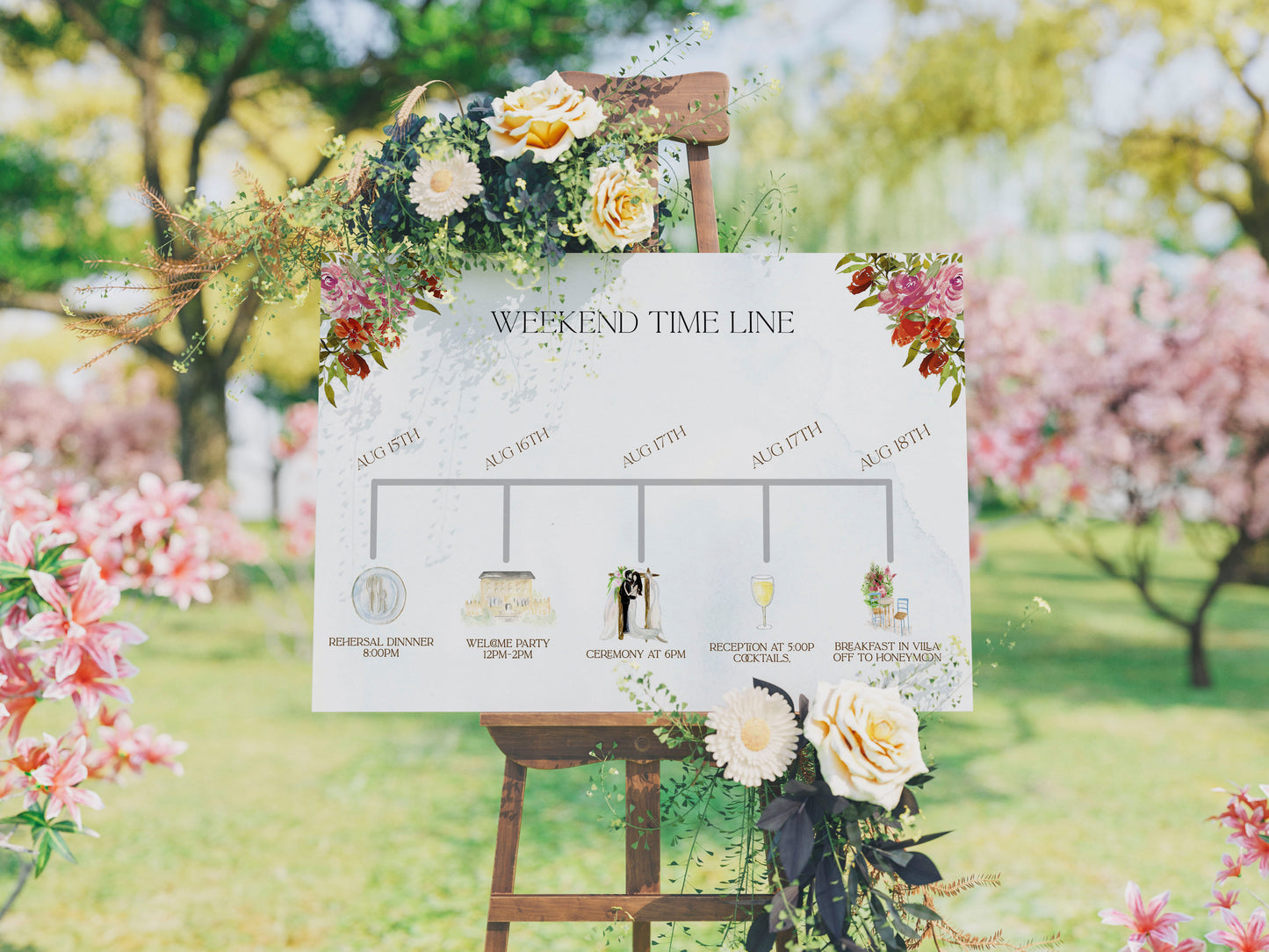 Wedding Cabo Watercolor Time Line Custom Sign