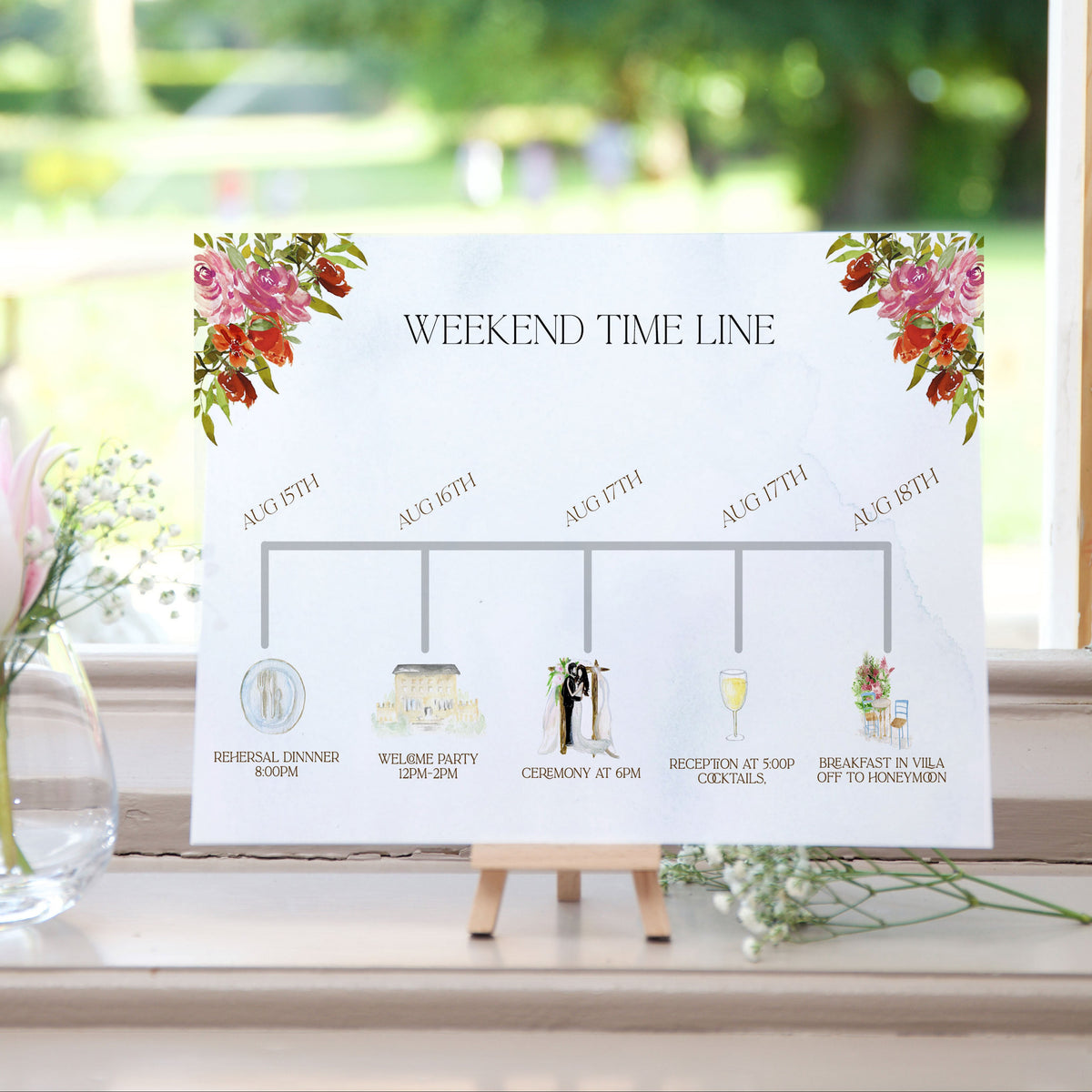 Cabo Mexico Watercolor Wedding Invitation Suite with Timeline & Map