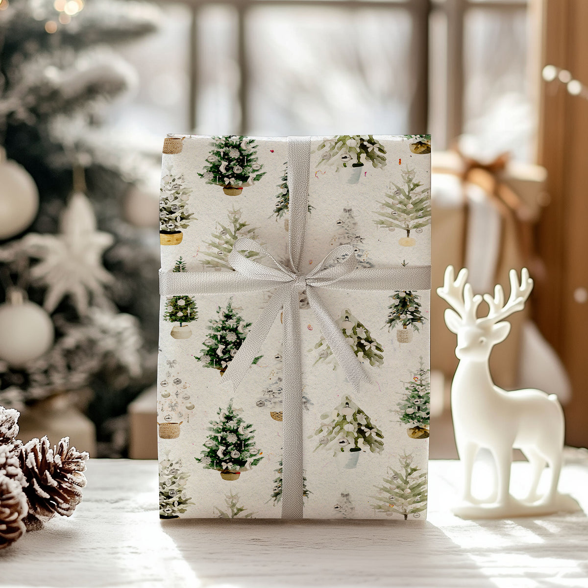 Elegant White Christmas Tree Wrapping Paper Sheets