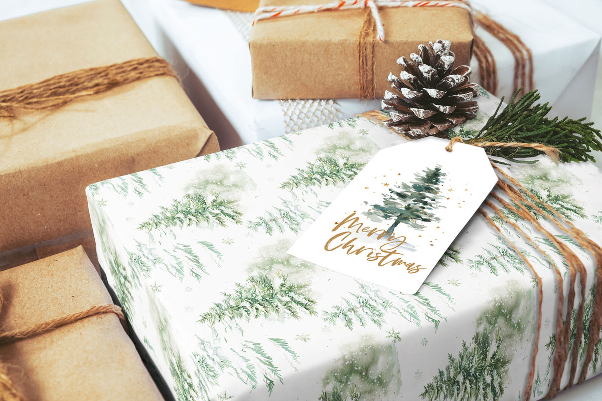 Snowy Woodland Trees Christmas Wrapping Paper Rustic Forest Gift Wrap