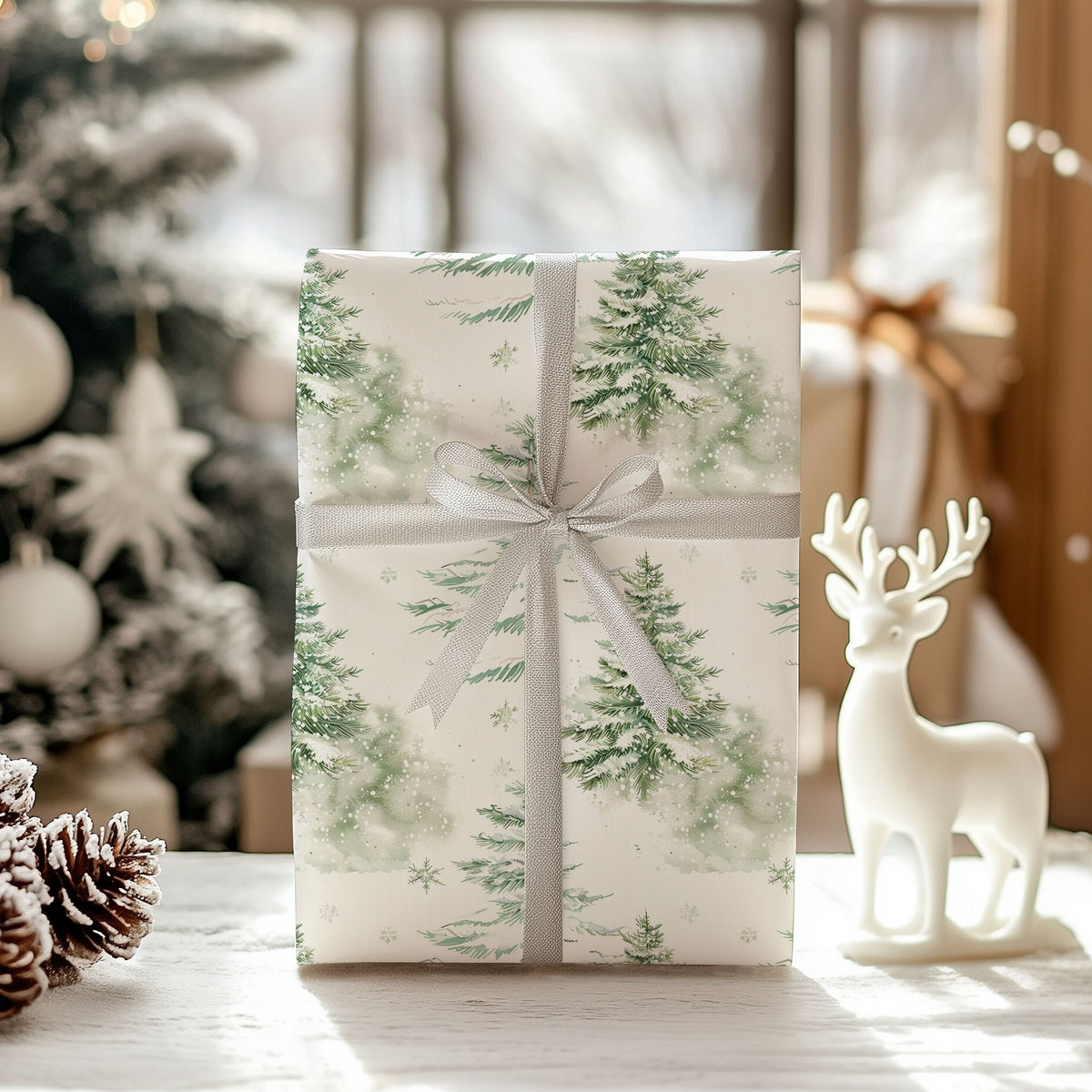 Snowy Woodland Trees Christmas Wrapping Paper Rustic Forest Gift Wrap