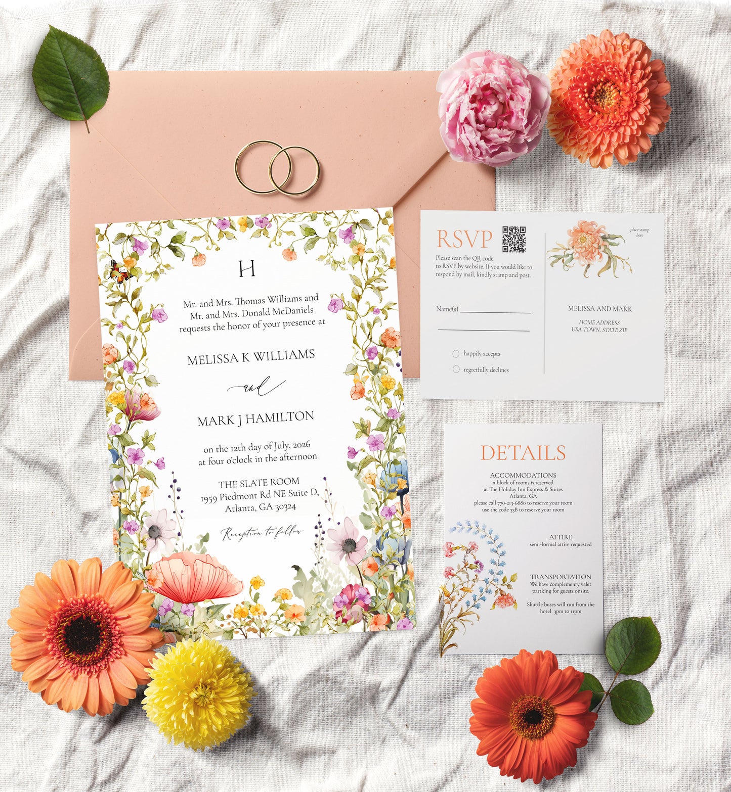 Wildflower Garden Wedding Invitation Suite with QR code