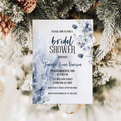 Blue Floral Winter Bridal Shower Invitation