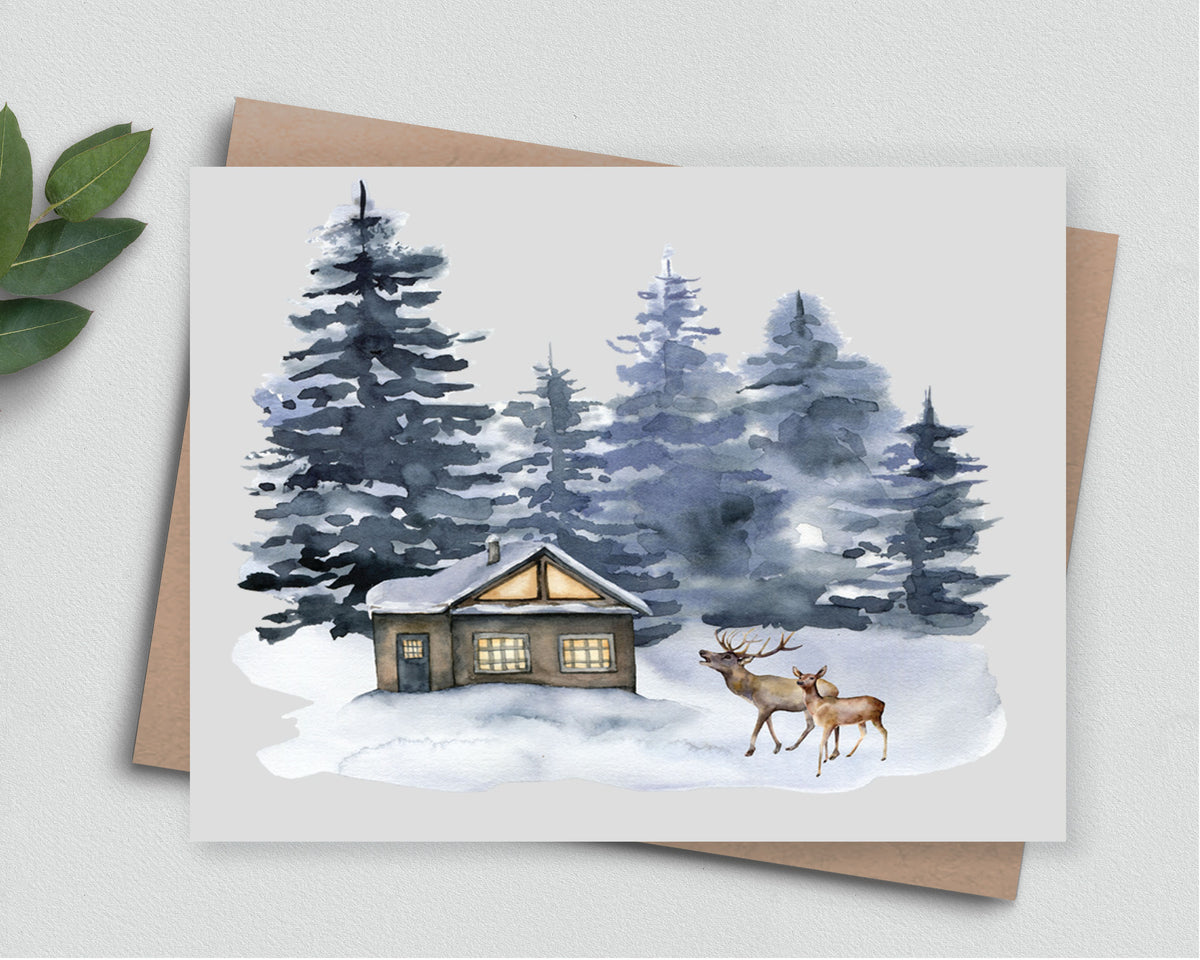 Winter Woodland Cabin Christmas Holiday Greeting Card