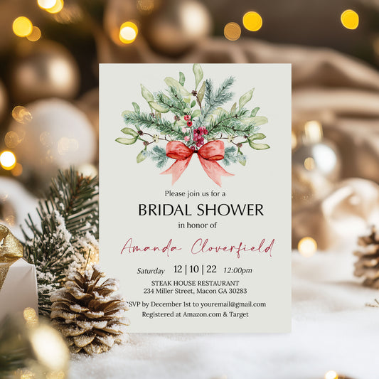 Christmas Red Bow Floral Greenery Bridal Shower Invitation