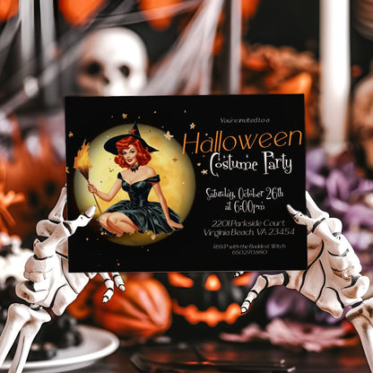 Witch with Full Moon Costume Halloween Invitation