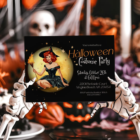 Witch with Full Moon Costume Halloween Invitation