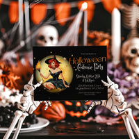 A Halloween costume party invitation card held up by skeletal hands in a spooky, decorated room with pumpkins, candles, and skulls.