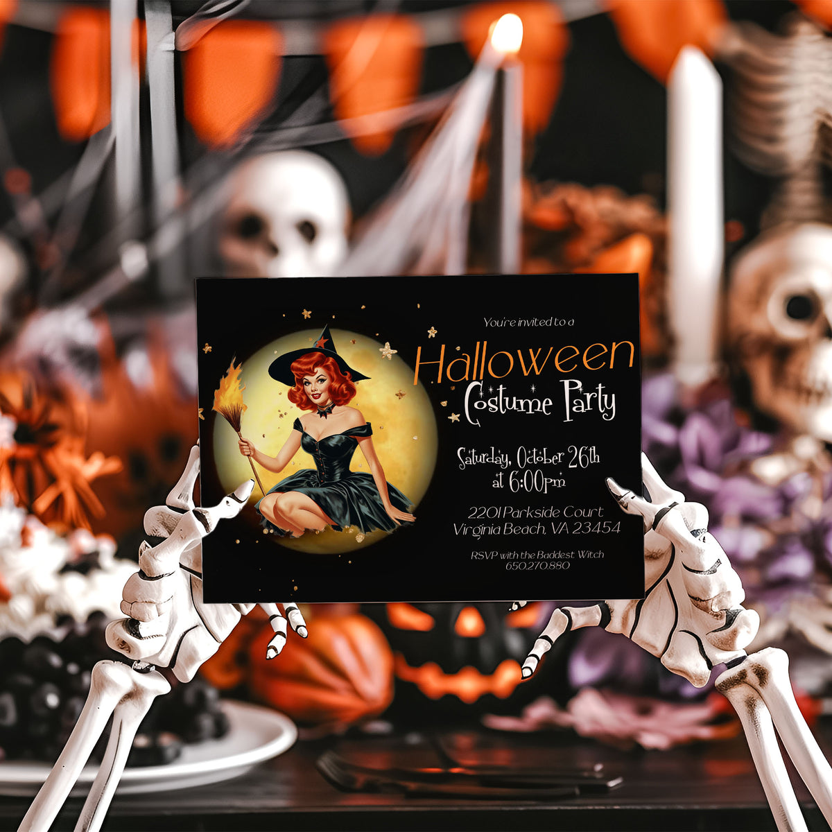 A Halloween costume party invitation card held up by skeletal hands in a spooky, decorated room with pumpkins, candles, and skulls.
