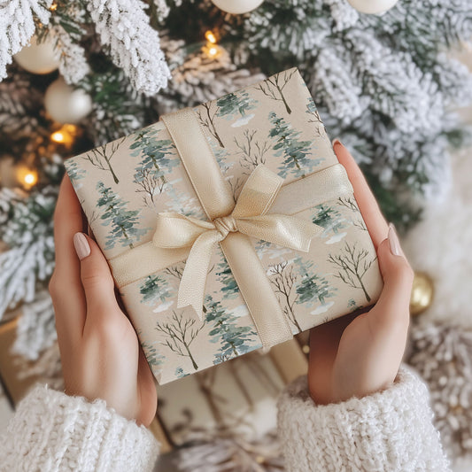 Woodland Watercolor Christmas Tree Kraft Wrapping Paper (5 Sheets)