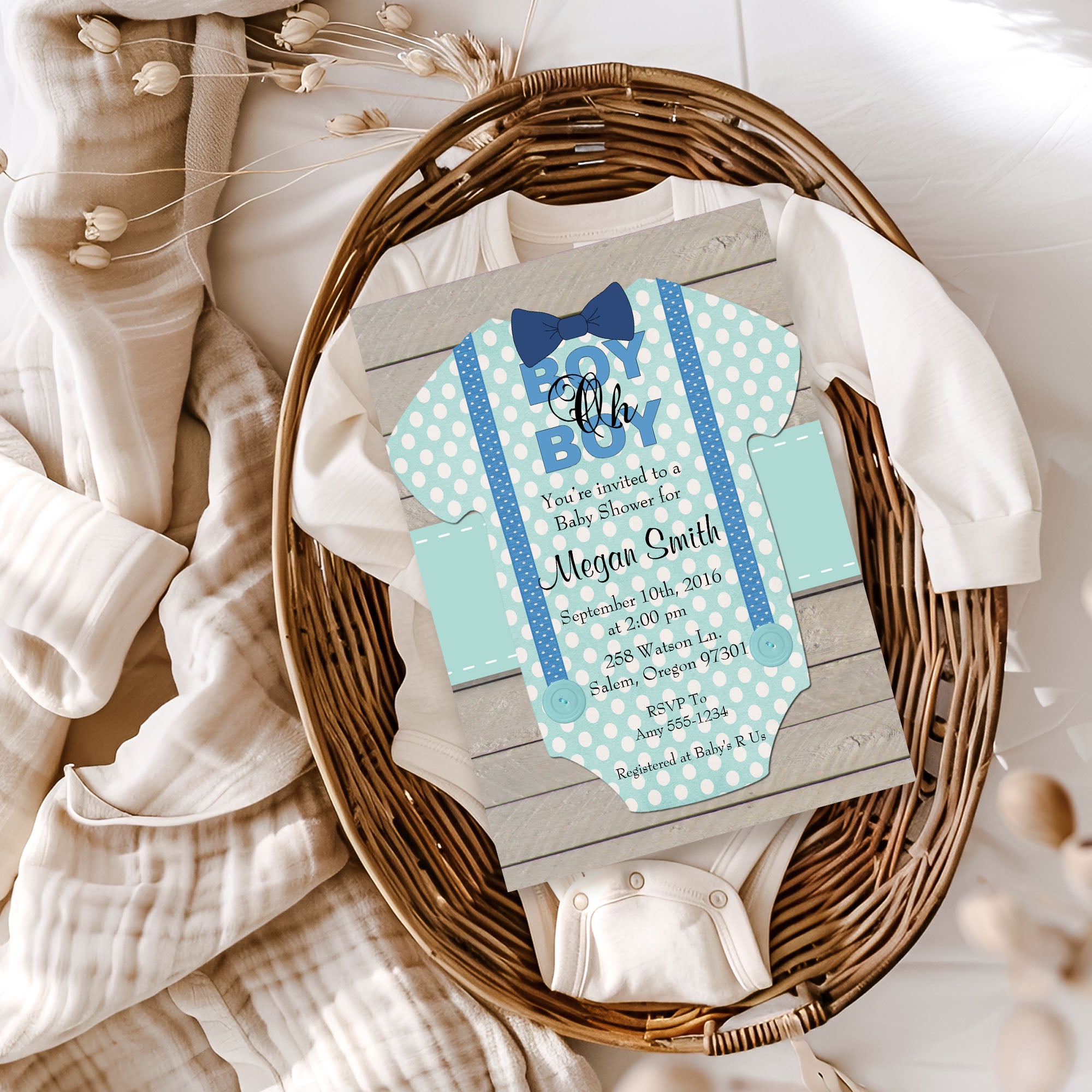 Boy oh Boy Bow Tie Outfit Rustic Baby Shower Invitation