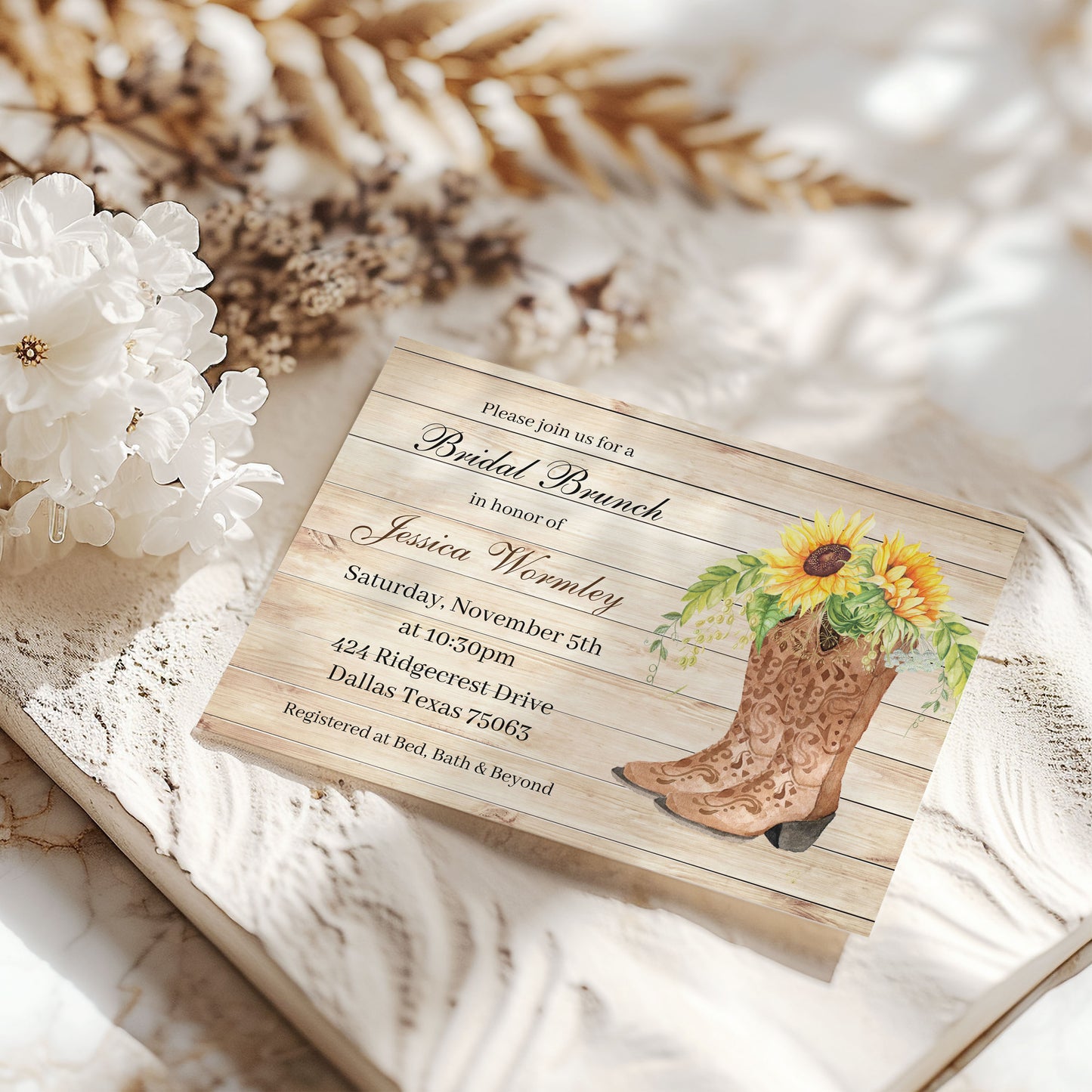 Country Western Sunflowers & Cowgirl Boots Bridal Shower Invitation