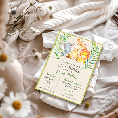 Jungle Lion, Elephant and Giraffe Baby Shower Invitation