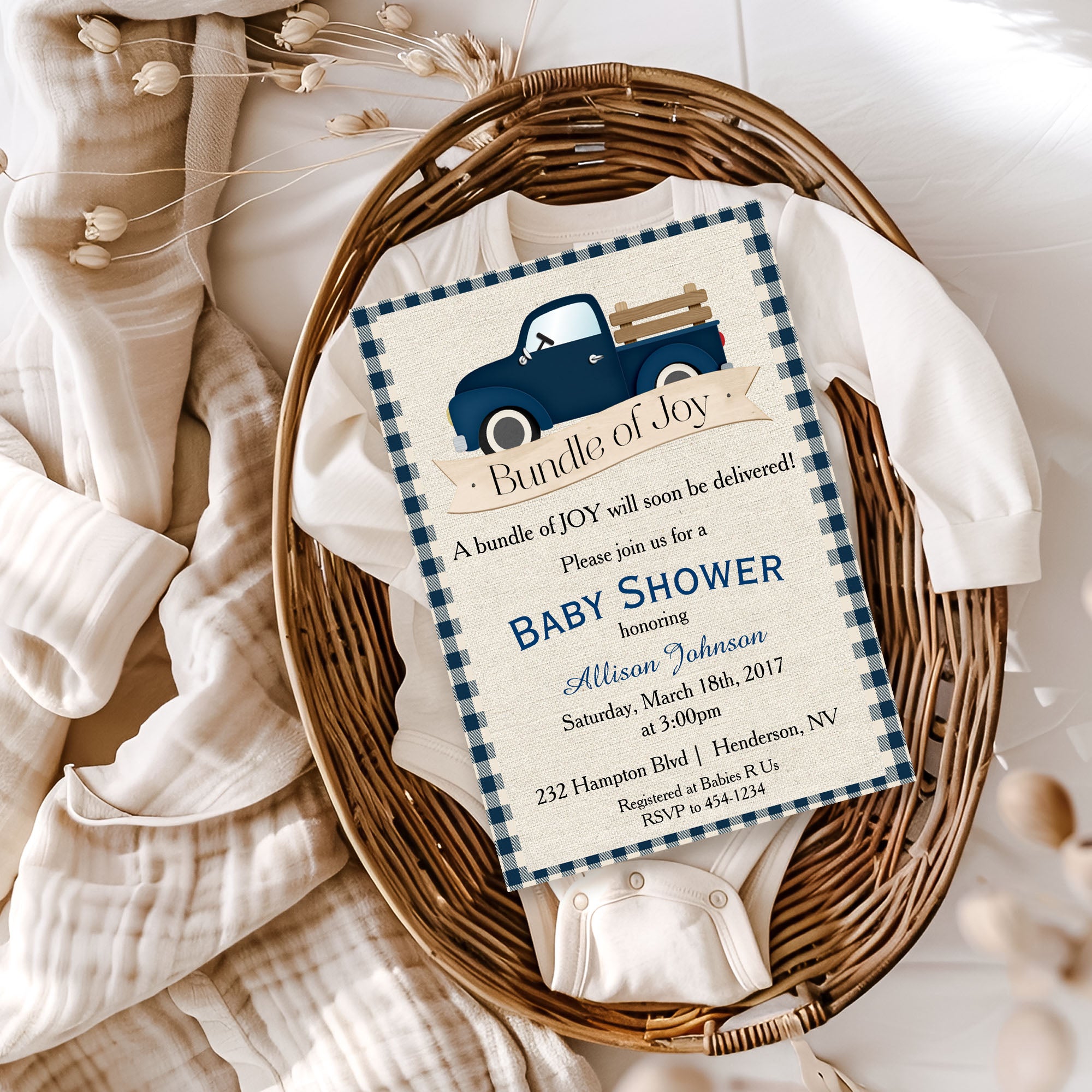Fall Country Blue Truck Baby Shower Invitation