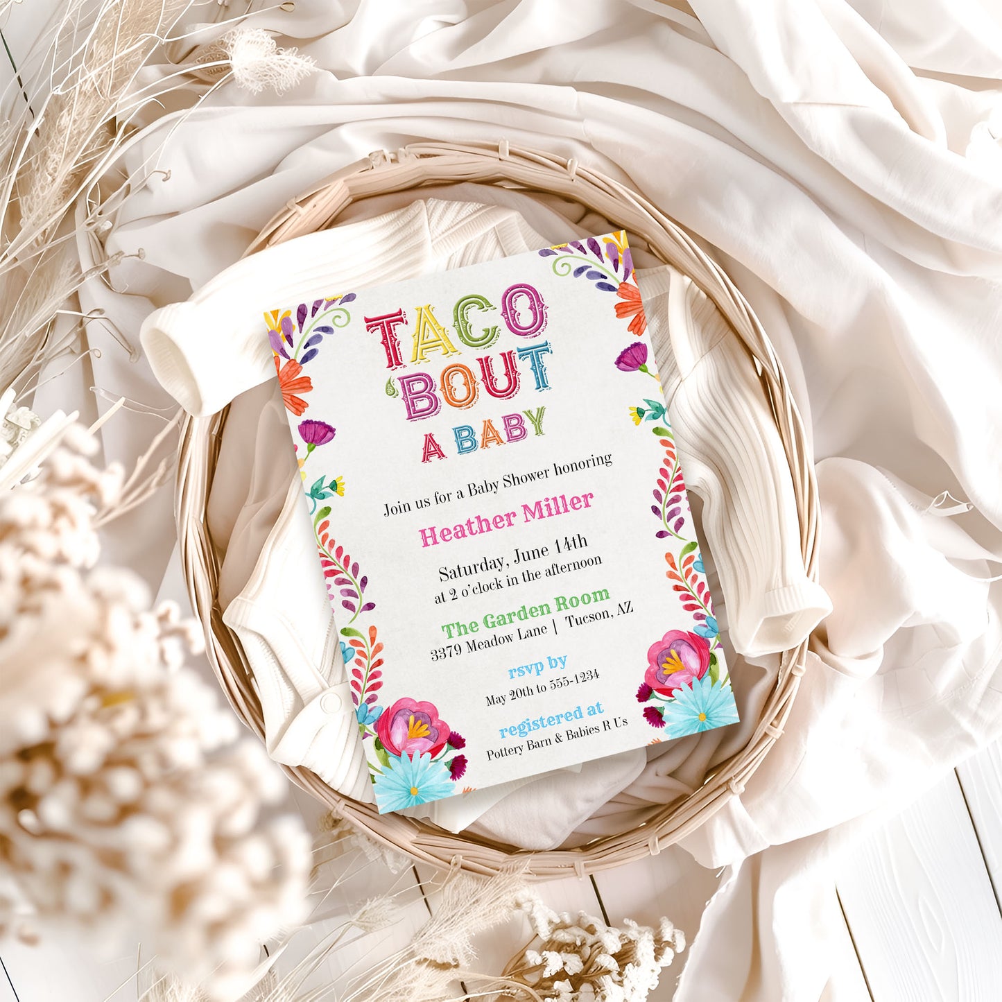 Taco About Fiesta Colorful Gender Neutral Baby Shower Invitation