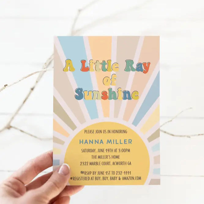 A Little Ray of Sunshine Groovy Baby Shower Invitation - Premium  from Sugar and Spice Invitations - Just $1.95! Shop now at Sugar and Spice Paper