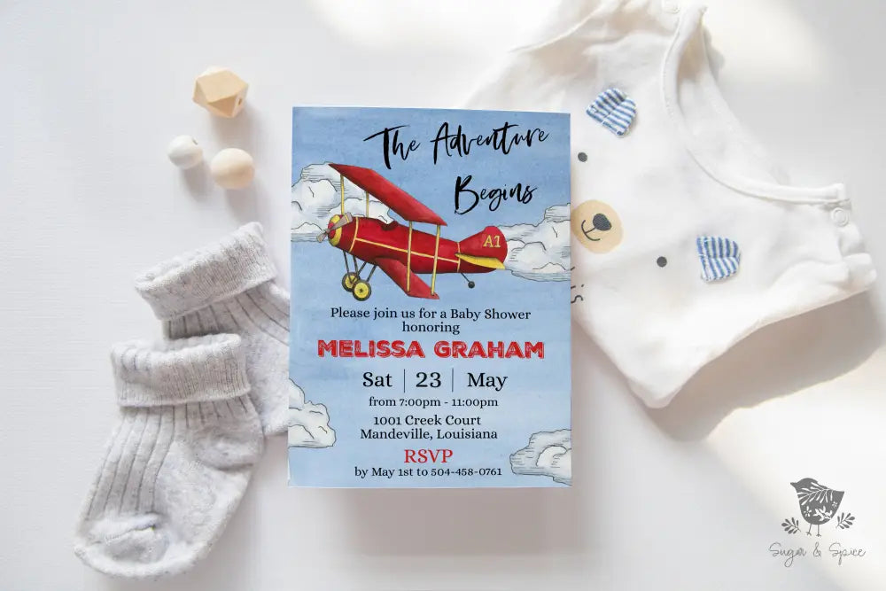Adventure Begins Airplane Baby Shower Invitation - Premium  from Sugar and Spice Invitations - Just $1.95! Shop now at Sugar and Spice Paper