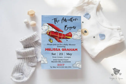 Adventure Begins Airplane Baby Shower Invitation - Premium  from Sugar and Spice Invitations - Just $1.95! Shop now at Sugar and Spice Paper