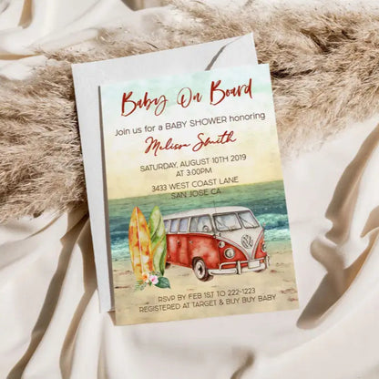 Baby on Board Red Surf Baby Shower Invitation - Premium  from Sugar and Spice Invitations - Just $1.95! Shop now at Sugar and Spice Paper
