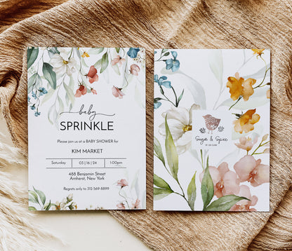 Watercolor Wildflower Baby Sprinkle Shower Invitation Template Editable Invitation Corjl Digital Download