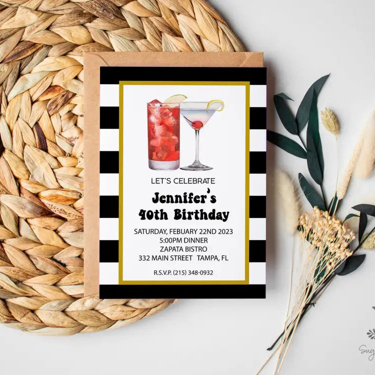 Black and White Adult Cocktail 40th Birthday Invitation - Premium Paper & Party Supplies > Paper > Invitations & Announcements > Invitations from Sugar and Spice Invitations - Just $1.95! Shop now at Sugar and Spice Paper