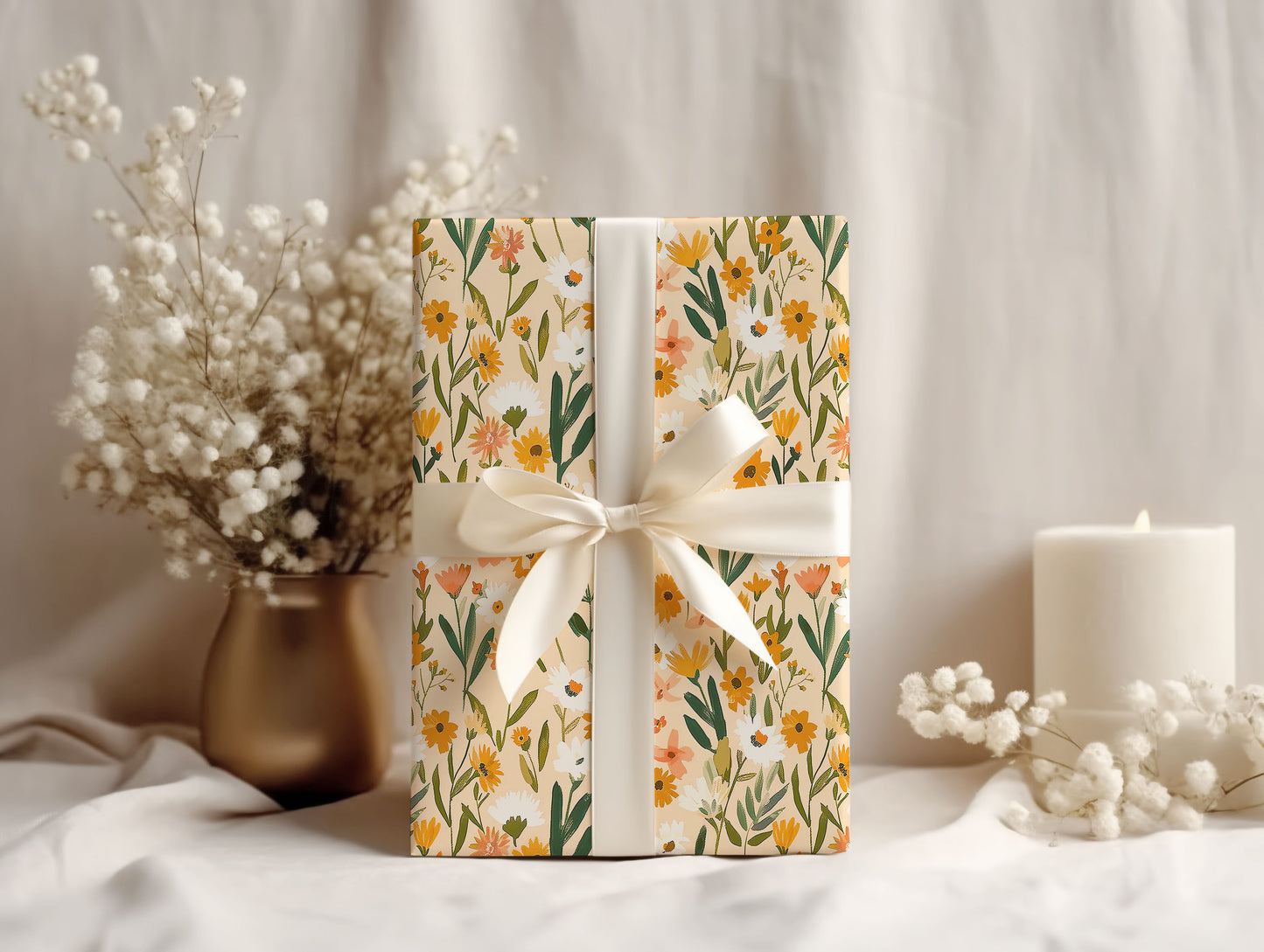 Boho Orange Floral Wrapping Paper Sheets