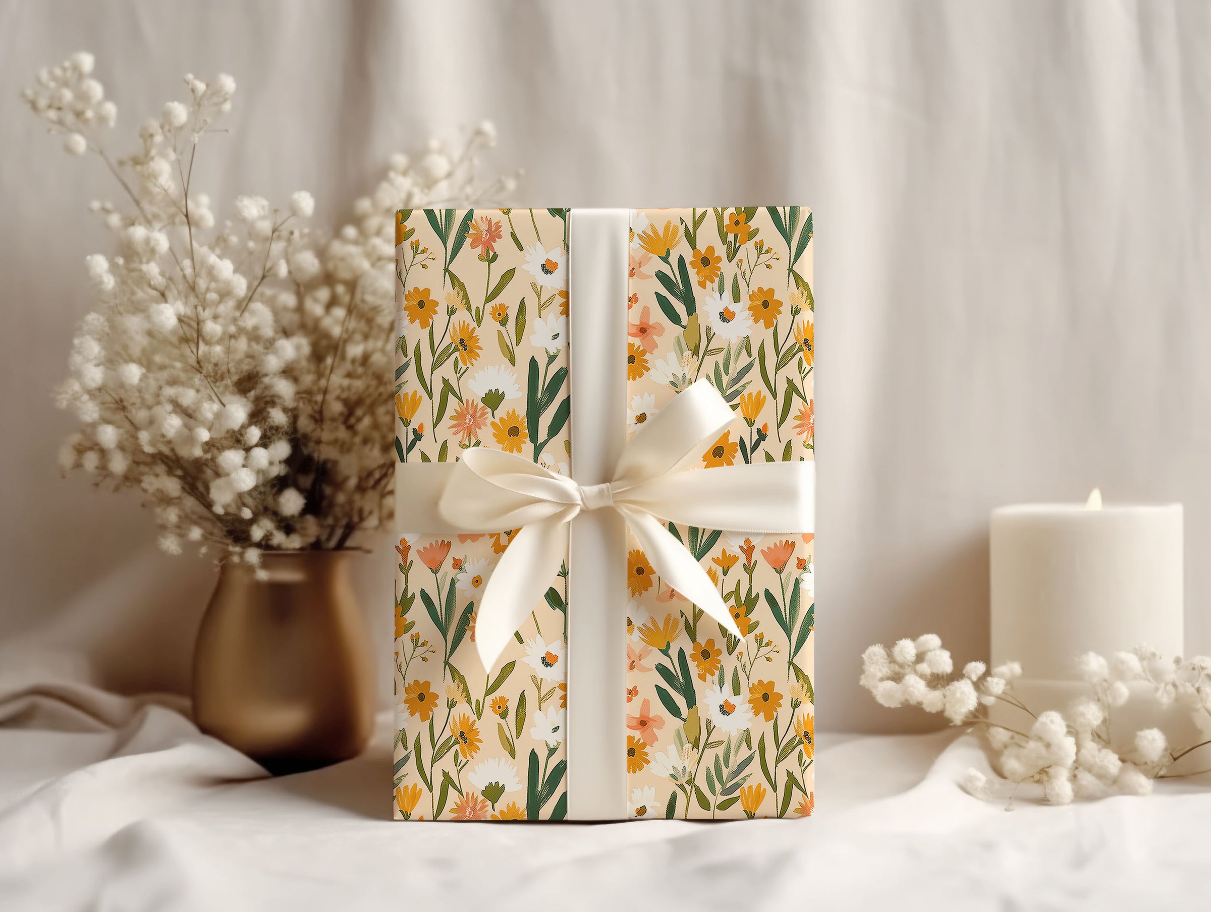 Boho Orange Floral Wrapping Paper Sheets