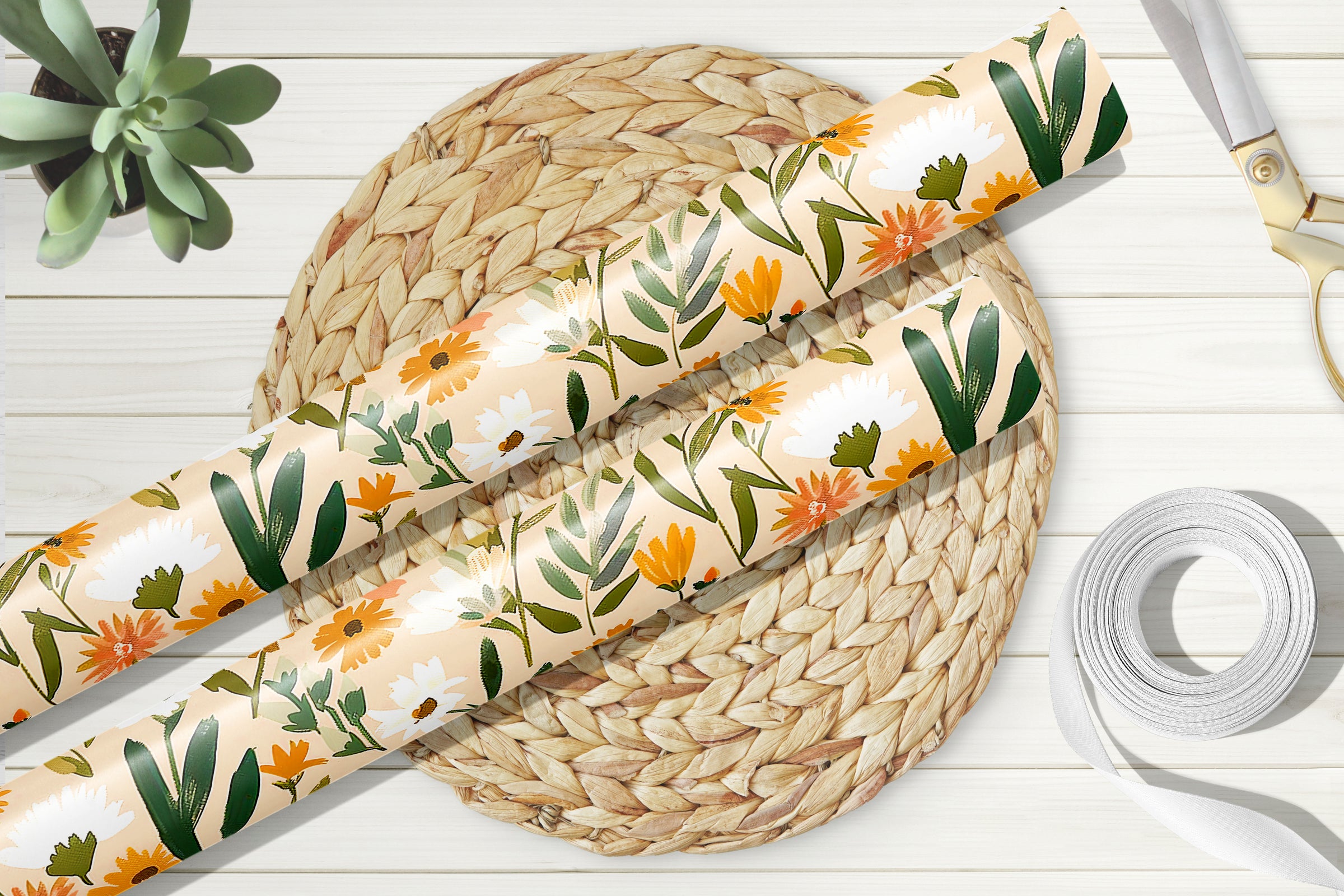 Boho Orange Floral Wrapping Paper Sheets