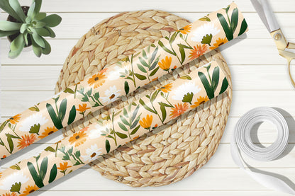 Boho Orange Floral Wrapping Paper Sheets