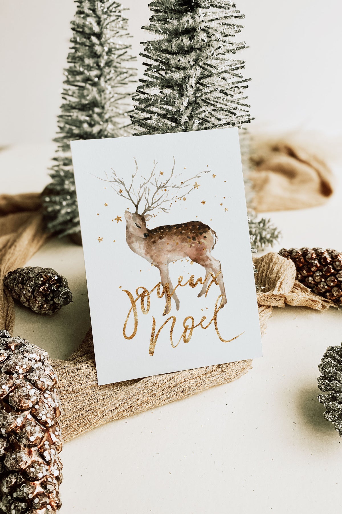 Winter Woodland Deer Gold Christmas Holiday Greeting Card