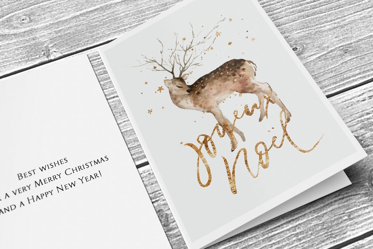 Winter Woodland Deer Gold Christmas Holiday Greeting Card