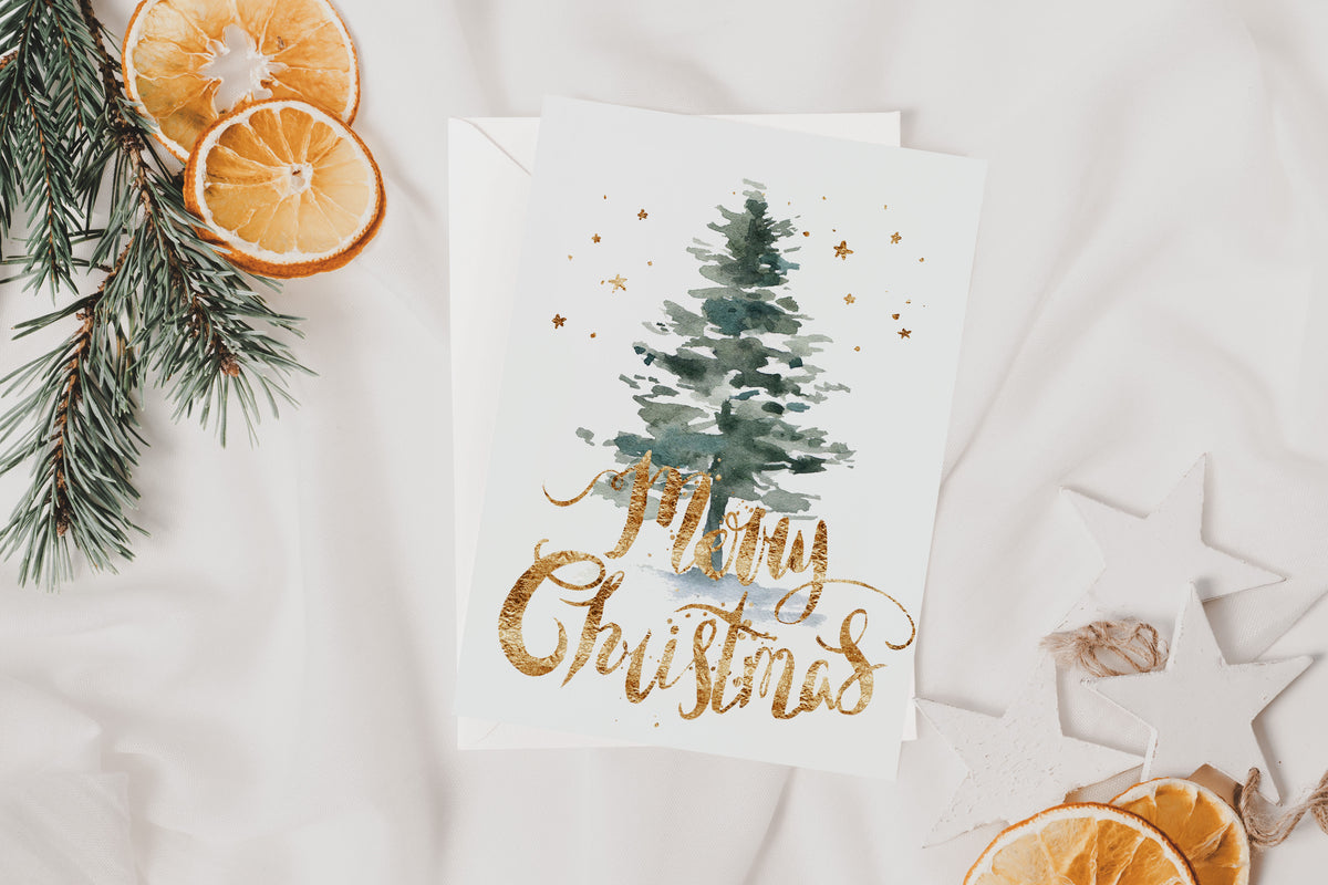 Merry Christmas Gold Watercolor Tree Greeting Card