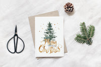 Merry Christmas Gold Watercolor Tree Greeting Card
