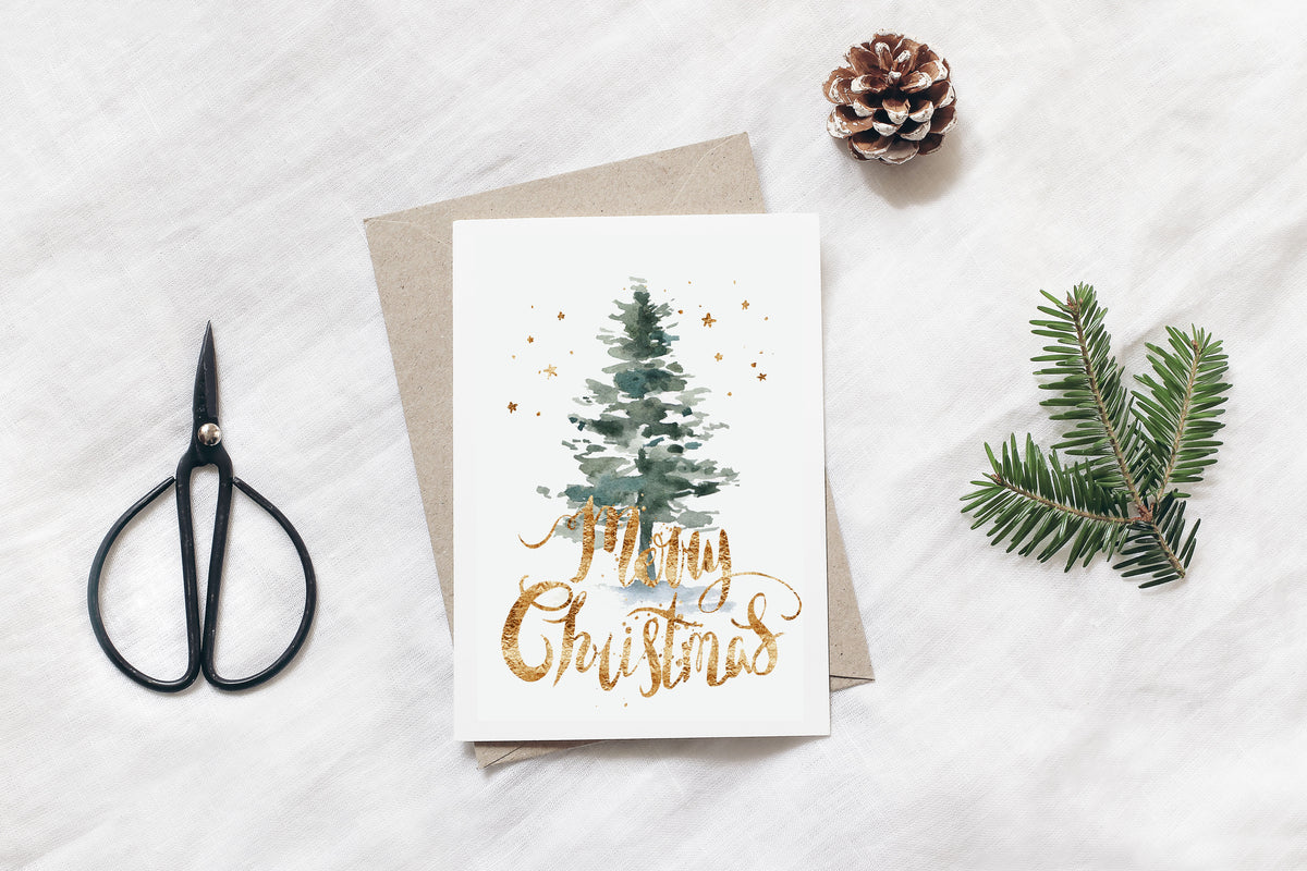 Merry Christmas Gold Watercolor Tree Greeting Card