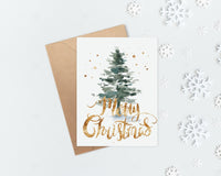 Merry Christmas Gold Watercolor Tree Greeting Card