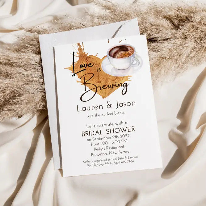 Love is Brewing Coffee Watercolor Bridal Shower Invitation with coffee heart