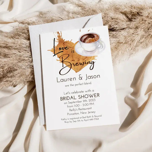 Love is Brewing Coffee Watercolor Bridal Shower Invitation with coffee heart