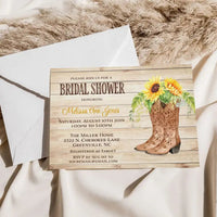 Country Western Sunflower Bridal Shower Invitation with wood background, cowgirl boots with sunflowers