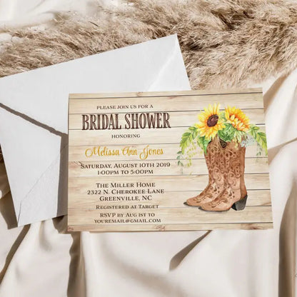 Country Western Sunflower Bridal Shower Invitation with wood background, cowgirl boots with sunflowers