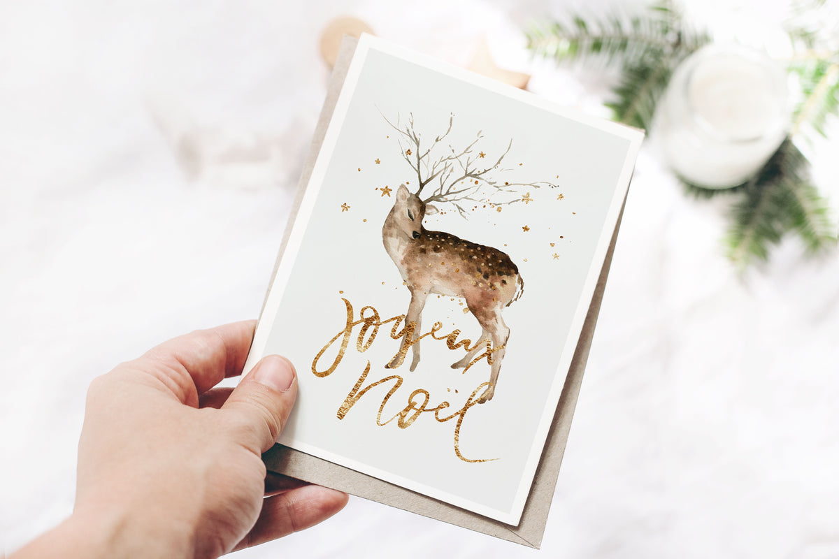 Winter Woodland Deer Gold Christmas Holiday Greeting Card