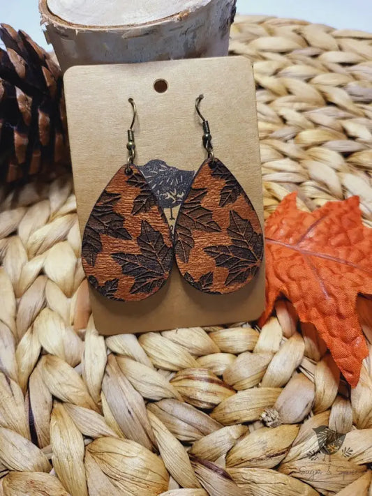 Engraved Maple Leaf Wood Earrings - Premium  from Sugar and Spice Invitations - Just $11.25! Shop now at Sugar and Spice Paper