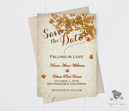 Fall in Love Save the Date - Premium Paper & Party Supplies > Paper > Invitations & Announcements > Invitations from Sugar and Spice Invitations - Just $2.50! Shop now at Sugar and Spice Paper
