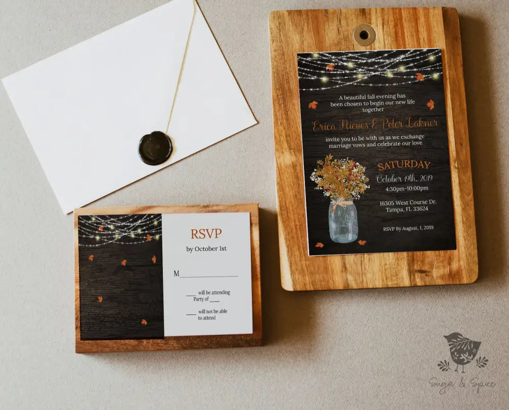 Fall Mason Jar and Lights Wedding Invitation - Premium  from Sugar and Spice Invitations - Just $2.15! Shop now at Sugar and Spice Paper